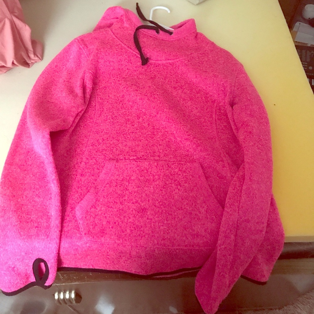 Pink sweatshirt with high collar and hood